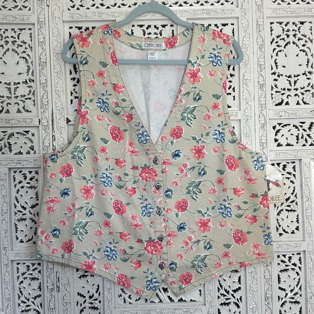 Vintage Cherokee Floral Beige Button Up Sleeveless Vest‎ Sz Large